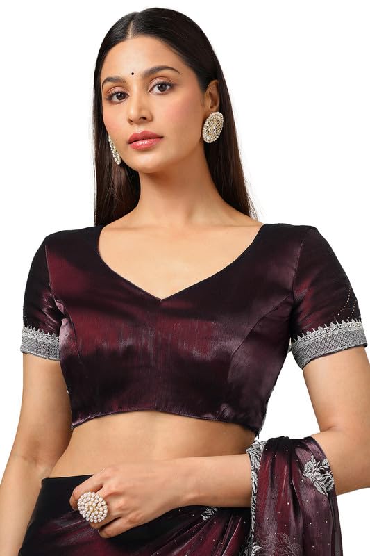 Soch Womens Wine Organza Zari Embroidered Saree With Stone Work