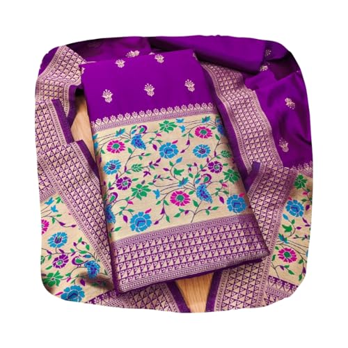 SHANTVAN GALLERY Pure Zari Banarasi Silk Suit Dress Material for Woman Premium Banarasi Dress Materials for Women Unstitched Soft Silk Top Bottom Dupatta Mor Jal Design, Purple
