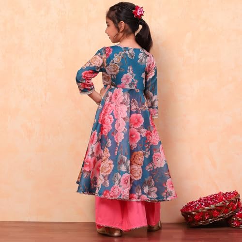 Biba Girls Modal Teal and Pink Floral Printed Flared Festive Suit Set, 9-10 Y