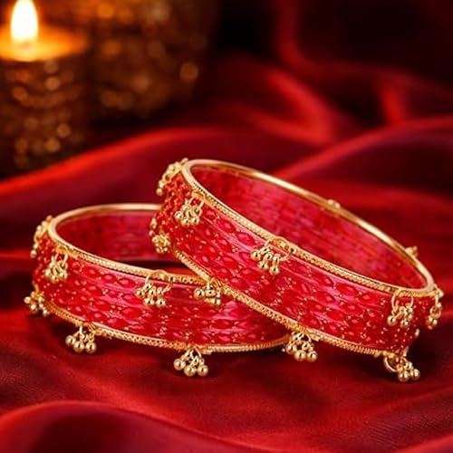 ELIF-X Kashmiri Ghungharoo Raindrop Bangles Set for Women | Traditional Gold Plated Ethnic Bangles | Bridal Wedding Jewelry | Stylish Designer Kada Set for Girls & Women|Red-2.6