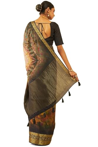 Soch Womens Brown Tussar Abstract Print Saree With Tassels(8907175714386)