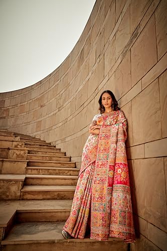 MADHUHANSH Womens Kasamiri Cotton Patola Letest Designer Saree with Unstitched Blouse With Boluse Piece (WHITE)