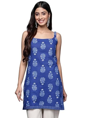Ahalyaa Women's Cotton Regular Tunic Shirt (AHTUCOKHGL-8121-SS-25_Blue