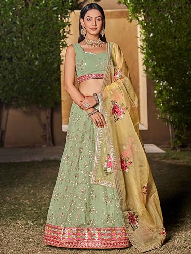 Zeel Clothing Women's Zari Sequins Embroidered Georgette Lehenga Choli With Dupatta (5086-Pista-Wedding-Stylish-New; Free Size)