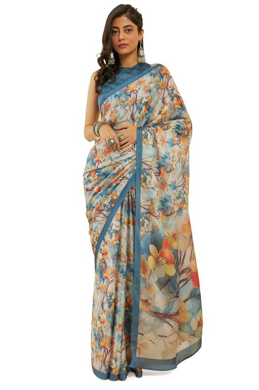 Soch Womens Grey Floral Print Crepe Saree