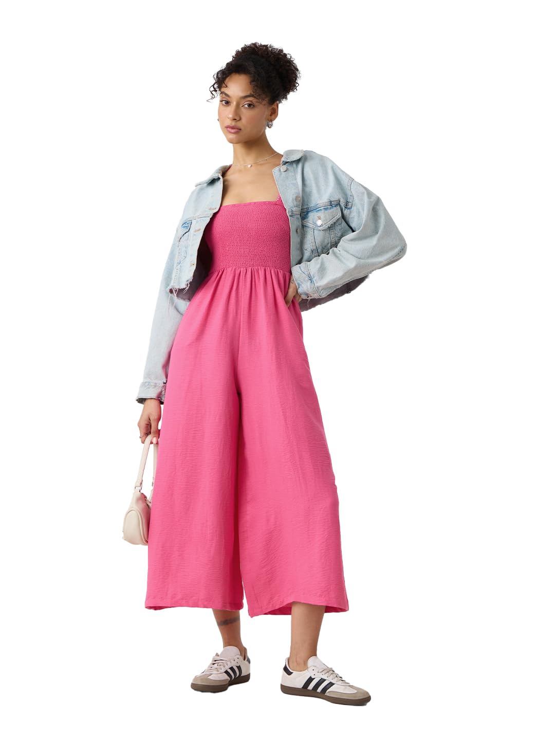 The Souled Store Textured Jumpsuit: Fuchsia Women and Girls Square Neck Sleeveless Regular Fit Polyester Jumpsuits