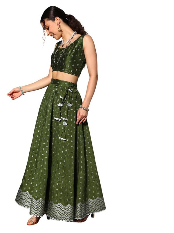 Ahalyaa Olive Green & Silver-Toned Printed Ready to Wear Lehenga & Blouse With Dupatta