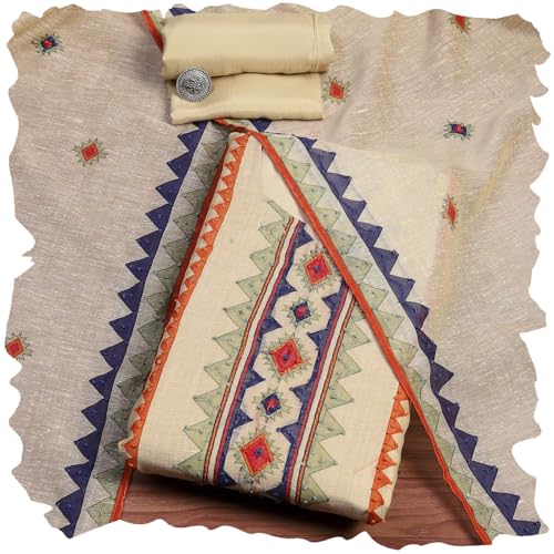 Biba Women Beige Linen Blend Hand Painted Unstitched Suit Set_FREE SIZE