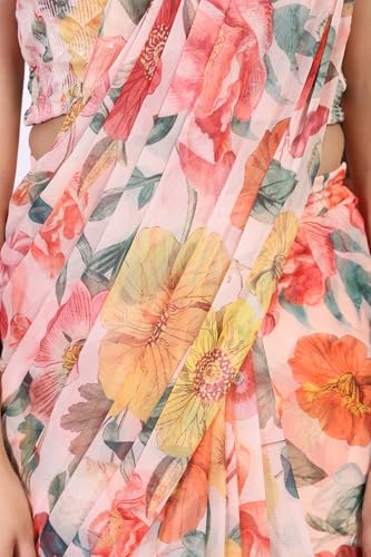 W for Woman Pink Floral Printed Pre-Draped Georgette Saree with Blouse - (WS13895-127624-L)