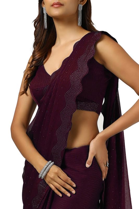 Soch Womens Wine Chiffon Self Print Saree With Stone Work