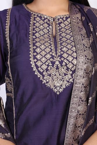 W for Woman Purple Zari Embroidered A Line Kurta with Flared Pant and Dupatta Set (WS13285-224374-XS)