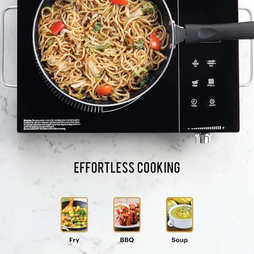 Cello Induction Cooker Blazing 800+ Infra Ceramic Plate 2200 Watt Induction Cooktop with BBQ Grill, Soft Touch Button with Crystal Glass (Black)