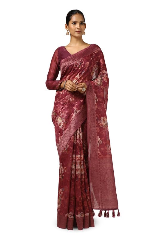 Soch Womens Wine Chanderi Woven Design Saree With Tassels
