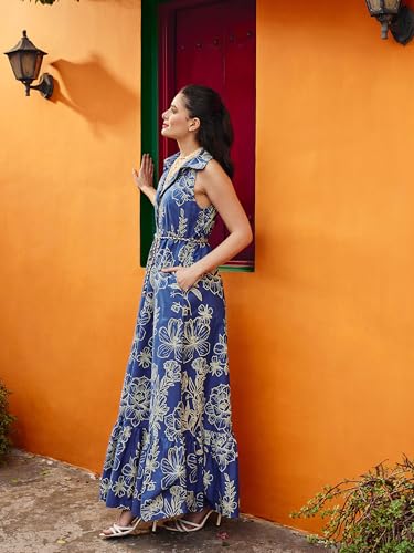 Pink Paprika by Sassafras Women's Blue & Off White Floral Front Button Maxi Dress-M