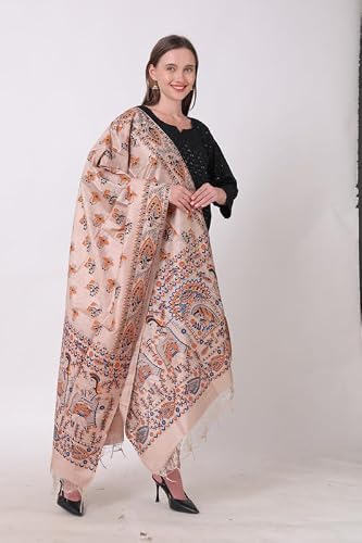DESI PALETTE Stylish Hand Block Madhubani Printed Tussar Muga Silk Dupatta for Womens & Girls | Lightweight & Comfotable Traditional Dupatta (Golden Blue Orange_2.4 Meters)