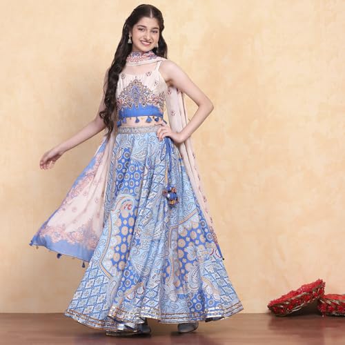 Biba Girls Electric Blue Viscose Blend Lehenga Set_12-13 Year