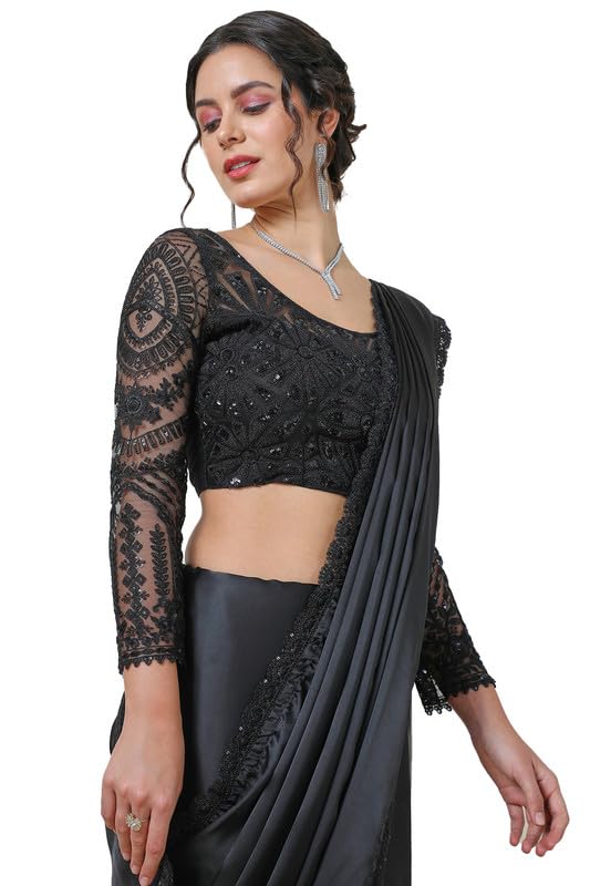 Soch Womens Organza Plain Black Saree with Lace Border