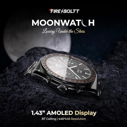 Fire-Boltt Moonwatch 36.3mm (1.43 inch) AMOLED Display, Wireless Charging, Metallic Frame, Stainless Steel Luxury Straps, Complete Health Suite, Bluetooth Calling, Sports Modes (Black)