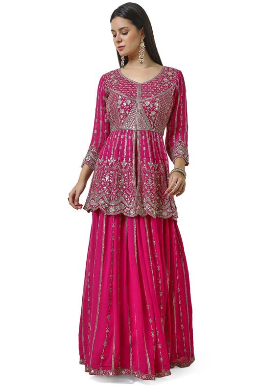 Soch Womens Fuchsia Georgette Embroidered Leaf Neck Padded Lehenga Choli