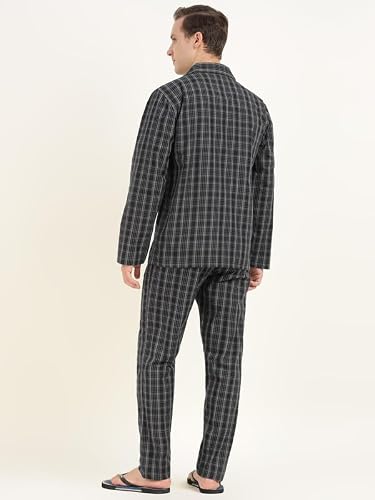 Hancock Men Cotton Checked Relaxed Fit Night Suit Black Size XL