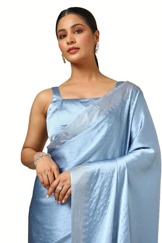 Soch Womens Powder Blue Satin Embellished Saree With Stone Work