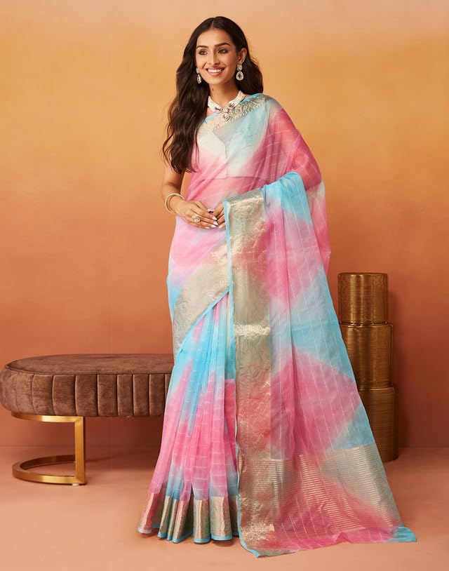 SIRIL Women's Organza Jacquard Saree | Woven Zari Stripe Saree With Unstitched Blouse Piece (3644S429A_Blue & Pink)