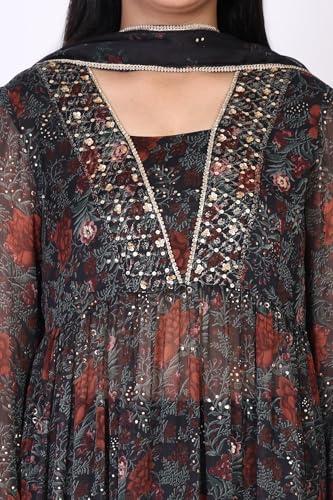 W for Woman Black Floral Printed Chiffon Flared Kurta with Straight Pant and Dupatta Set (WS13197-126216-XS)