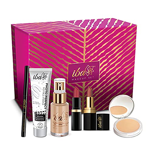 Iba Makeup Gift Set for Women (Medium) - Foundation, Compact, Primer, Lipsticks, Kajal | Long Lasting | Full Coverage | 100% Vegan & Cruelty-Free (6 items in the set)