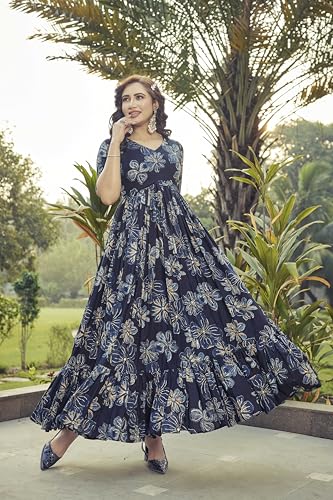 Samprag Rayon Gown for Women | Full Length | Printed | Fit & Flare | 3/4Th Sleeves | V Neck | Stylish | Ideal for Casual, Formal & Party Occassions | Blue | S