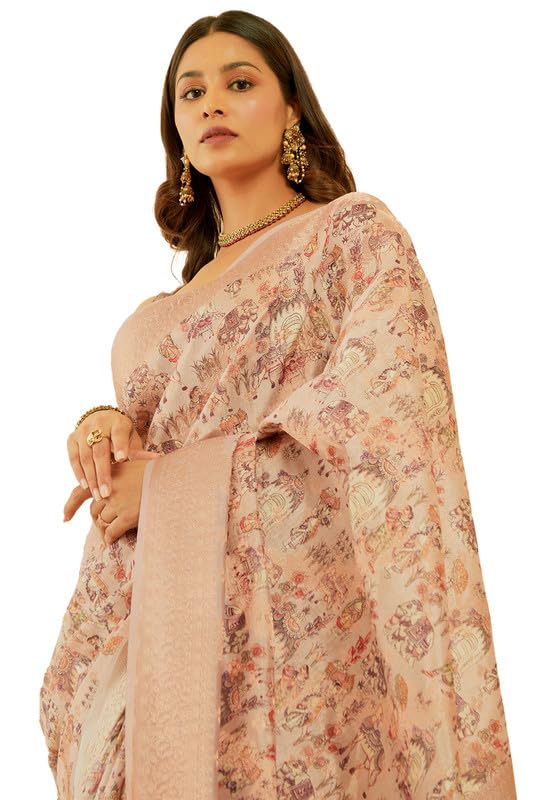 Soch Womens Peach Chanderi Madhubani Print Jacquard Saree