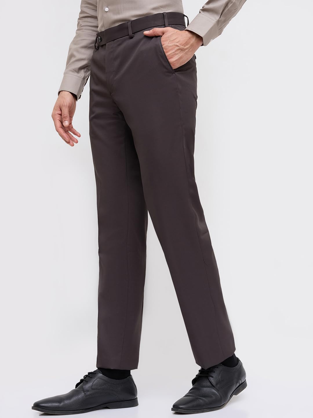 Park Avenue Men Slim Fit Structure Pattern Pure Polyester Flat Front Formal Trouser Dark Grey