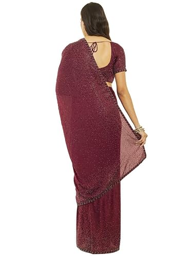 Soch Womens Maroon Crepe All-Over Stone Embellished Saree