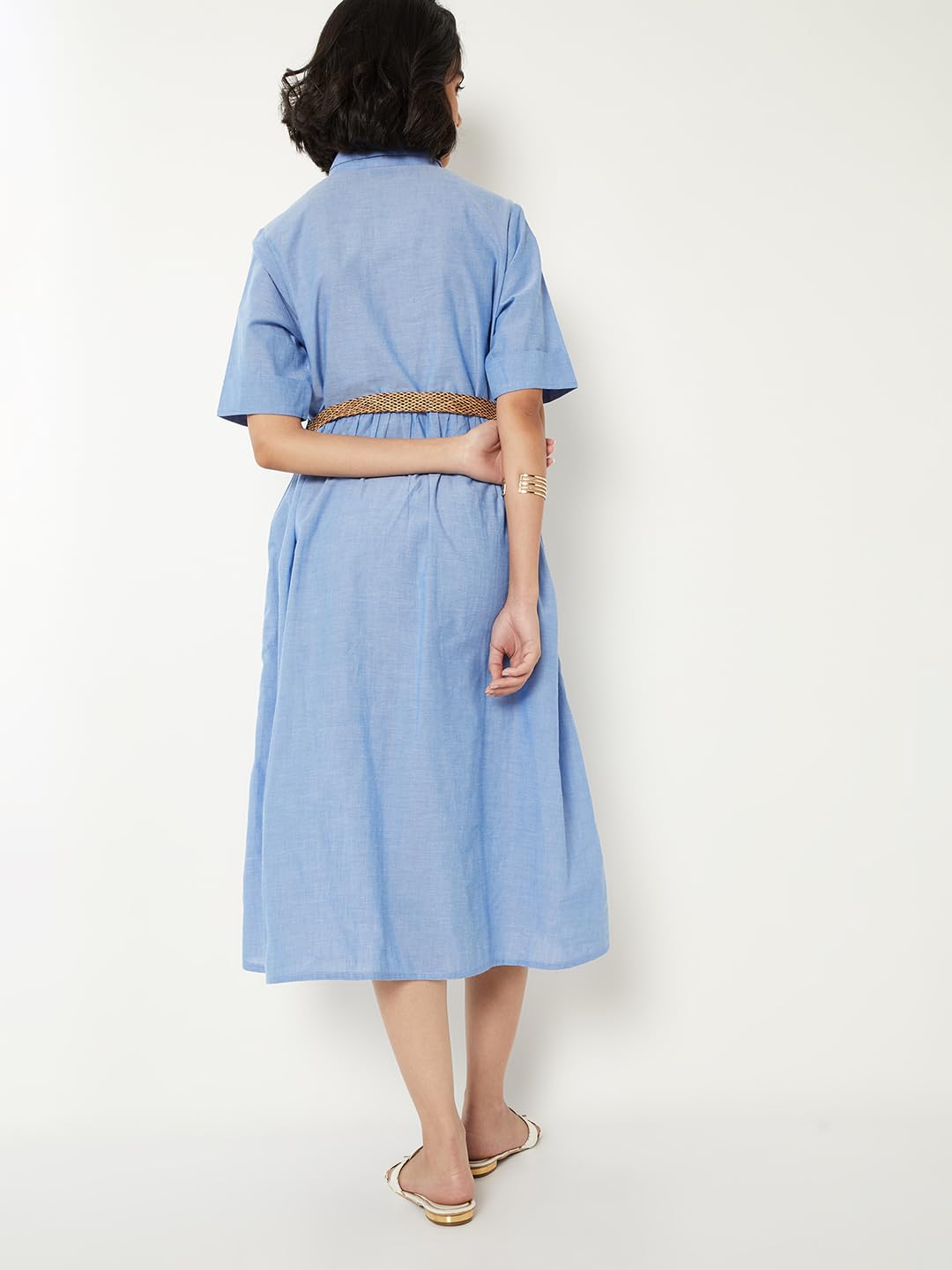 Max Women Solid Shirt Dress with Belt (Blue_L)