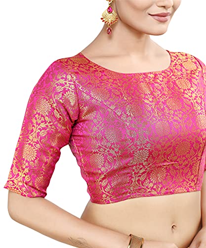 Madhu Fashion Womens Traditional Benaras Brocade Readymade Stitched Saree Half Sleeve Blouse (34, Pink)