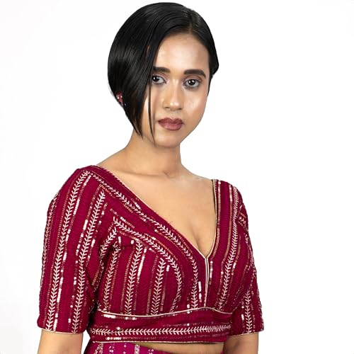 Women's Sequin Embroidered V Neck Elbow Half Sleeve Readymade Saree Blouse Indian Ethnic Designer Stitched Handmade Top Padded Wine Pink Blue White Black | E3