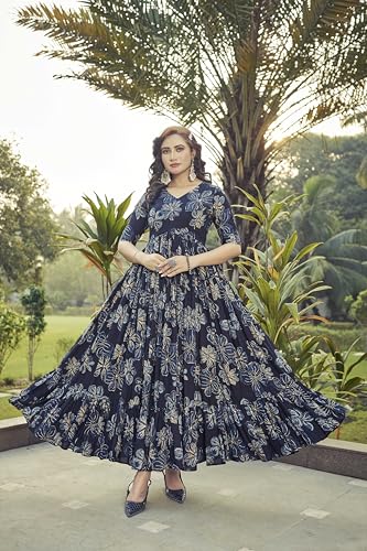Samprag Rayon Gown for Women | Full Length | Printed | Fit & Flare | 3/4Th Sleeves | V Neck | Stylish | Ideal for Casual, Formal & Party Occassions | Blue | S