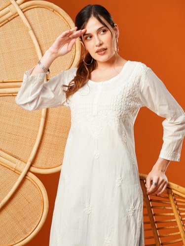Ada Indian Hand Embroidered Chikankari Cotton Kurti Kurta Tunic for Women 5XL100376 White