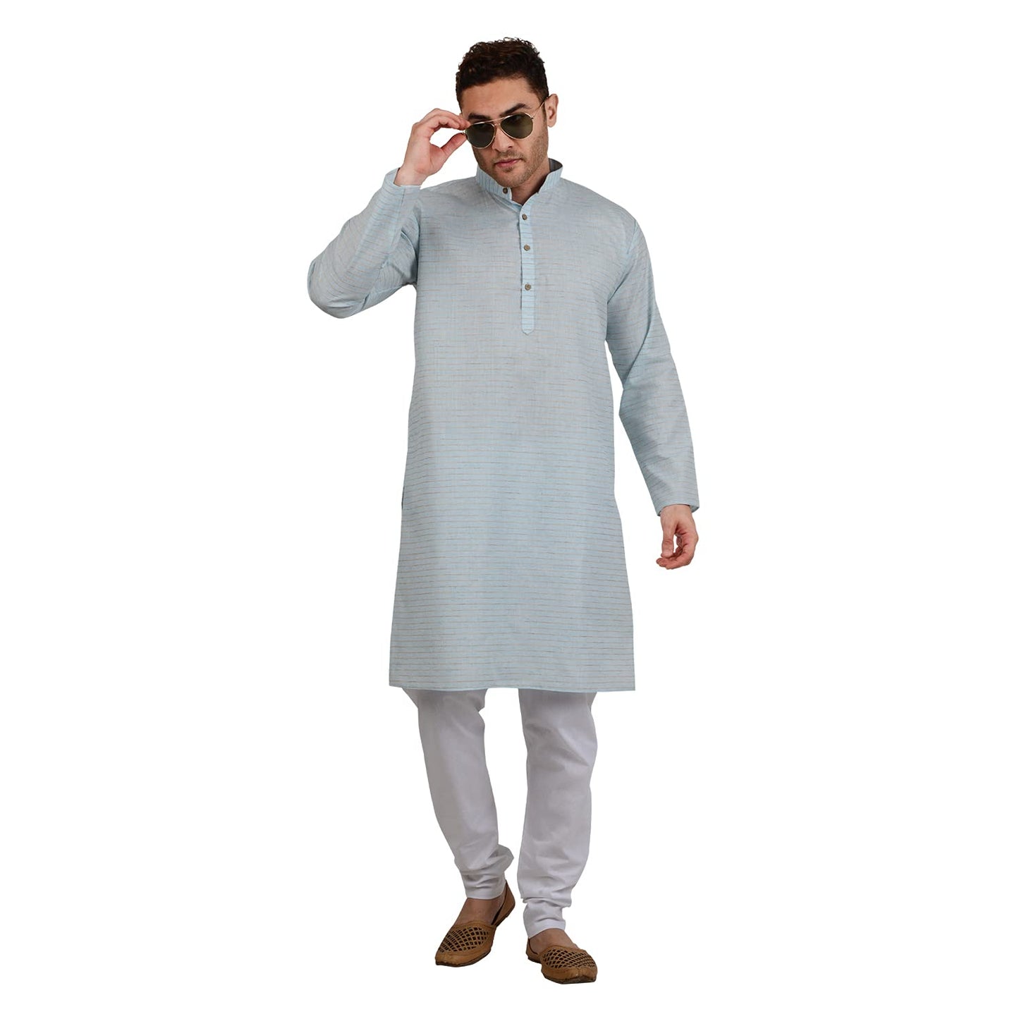 LUCKWIN Men's Cotton Linen Horizontal Stripe Kurta in Blue [LWKurta108-38]
