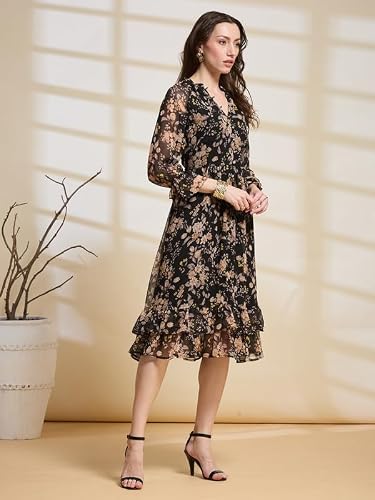 Latin Quarters Women's Black Printed V-Neck 3/4Th Sleeve Casual Fit & Flare Dress_M