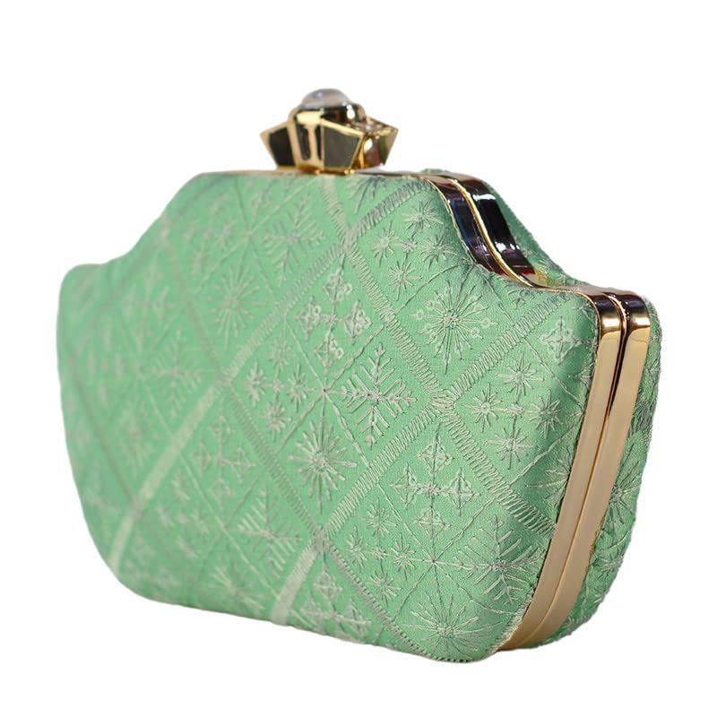 Artklim Pastel Green Boat Shaped Clutch With Sequines