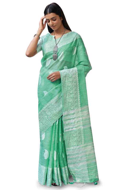 KARAGIRI Womens Linen Green Saree With Blouse Piece