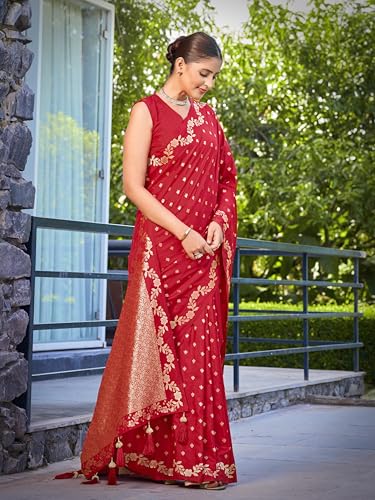 MANOHARI Women's Most Trendy Banarasi Satin Silk Woven Red Saree With Heavy Jacquard Work Saree With Blouse Piece_MN2063