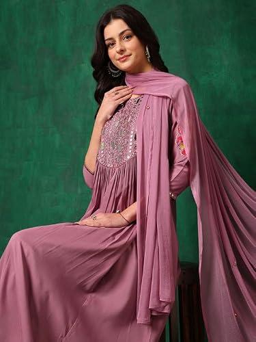 NIVANA Stylish Womens Mirror Embroidered Kurta with Pant & Embroidered Dupatta | Lightweight & Breathable | Ethnic Traditional Outfit for Womens & Girls (Lavender,2XL)