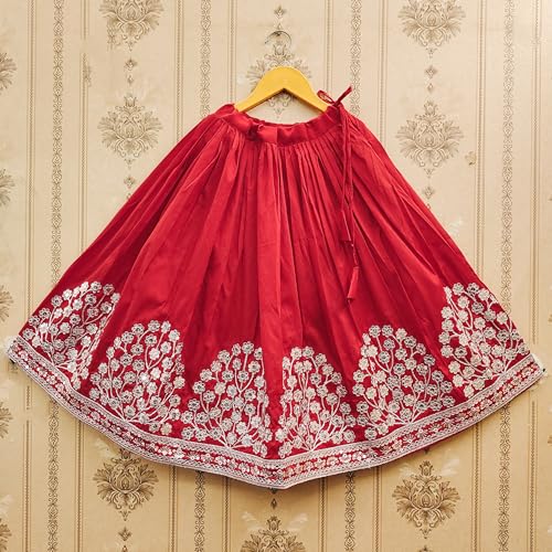 Tejam Kids Girls Taffeta Silk Embroidered Beautifull Latest Crop Top With Lehenga Set For Girls 2 To 8 Years (Red, 7-8 Years)