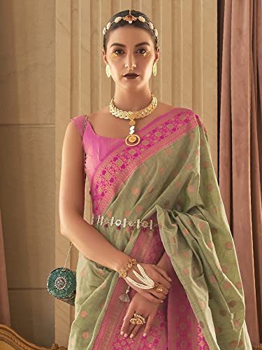 AKHILAM Women's Banarasi Silk Blend Woven Design Saree With Unstitched Blouse Piece (Green_KMSRA11006_RB)