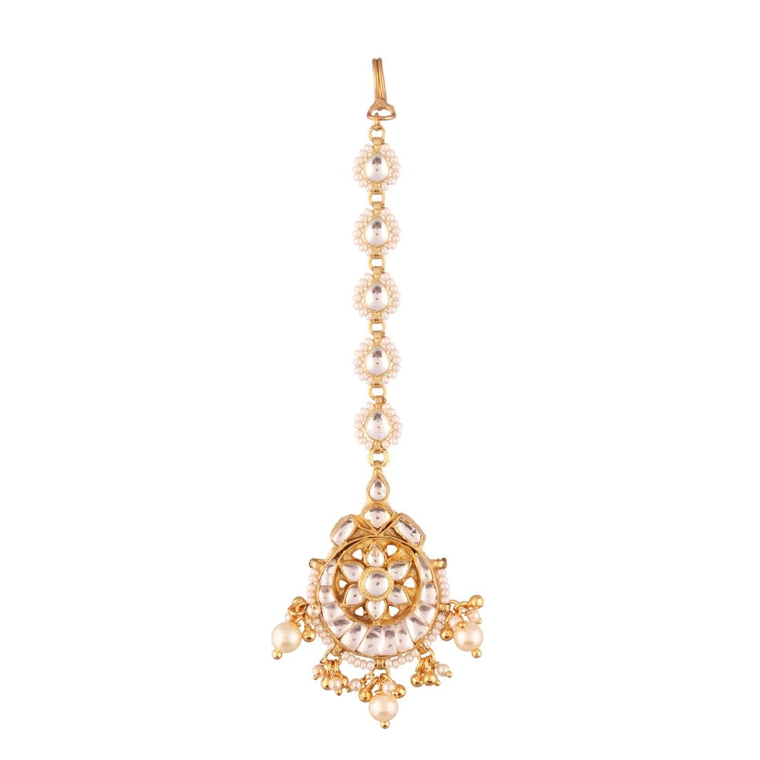 ACCESSHER Desinger Traditional White Jadau Kundan And Pearl Statement Maang