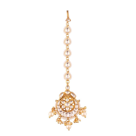 ACCESSHER Desinger Traditional White Jadau Kundan And Pearl Statement Maang
