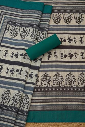 Soch Womens Teal Green Art Tussar Floral Print Unstitched Dress Material With Zari