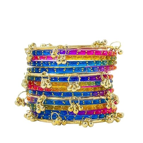 BANGLESKART 16pc dark Multi Color Glass Bangles Set Viral Kashmiri Ghungroo Chuda with Heavy Gold Guchha Charms Traditional Jewelry Women (two set for two hand, 2.4)