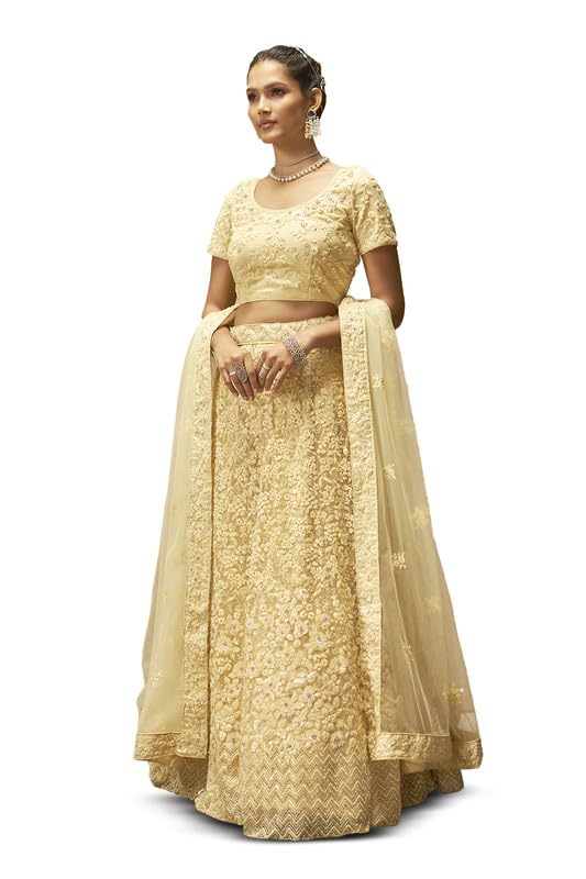 Soch Womens Yellow Net Floral Embroidered Sequin Embellished Unstitched Lehenga Set